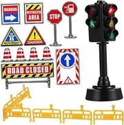 Yardwe 1Set Mini Traffic Sign with Traffic Light Lamp Road Cones Stickers for Educational Play and Realistic Traffic Learning