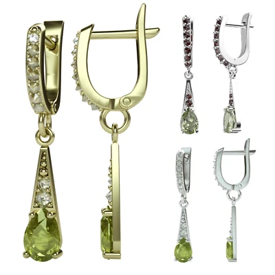Silver plated dangle earrings English lock with moldavite, garnets and zircon