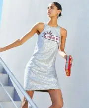 $195 NWT AIDAN MATTOX Sz6 SEQUIN APPLIQUE SLEEVELESS STRETCH SHIFT DRESS SILVER