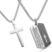 [JewelrieShop] Stainless Steel Mens Cross Necklace Lord's Prayer Dog Tag Pendant Mens Necklace Stainless Steel Necklace for Men - Isaiah 41:10