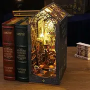 Tzgsonp 3D Wooden Puzzle Bookends, DIY Book Nook Kit, Magic Book House Model Building Kit Insert Decor with Sensor Light, Stand Bookshelf for Home Decorative Books Ornaments (Detective Famous Agency)