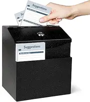 LINSIRON Suggestion Box with Lock & 50 Free Suggestion Cards, Metal Donation Box, Black Wall Mounted Ballot Boxes, Voting and Collection Key Drop Box with 2 Keys, 8.4H x 5.8W x 7L Inch
