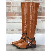 Women's Knee-High Western Riding Boots with Buckle Straps - Vintage Style Faux Leather Thigh-High Boots for Casual and Outdoor Wear