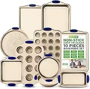 10-Piece Nonstick Bakeware Set - PFOA, PFOS, PTFE-Free Carbon Steel Baking Trays w/ Heatsafe Blue Silicone Handles, Oven Safe Up to 450°F, Pizza Loaf Muffin Round/Square Pans, Cookie Sheets, Gold