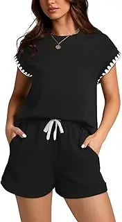 [Bellcoco] Women's Two Piece Lounge Sets Casual Summer Short Sleeve Tops Matching Shorts Drawstring Short Sets