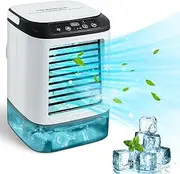 Portable Air Conditioner, Mini Air Cooler with 900ml Tank, 3 Speeds, 2 Sprays, 7 Colours Lights and Ice Box, Turbocharged Cooler Fan for Office, Home, Dorm