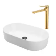 ACA 53x30CM Bathroom Ceramic Basin With Gold Tap Counter Top White Sink Hand Wash Bowl Set