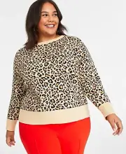 On 34th Plus Size Crewneck Sweater Leopard SZ 3X