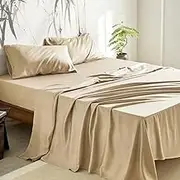 Wake In Cloud - 100% Bamboo Sheets, Ultra Soft Sheet Set Bedding for Hot Sleepers, Deep Pocket, 4 Pieces, Tan, Queen Size