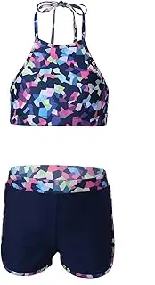 [FEESHOW] Kids Girls Summer Sportswear Halter Neck Crop Top Shorts Set for Exercise Yoga Running Dance Swimming