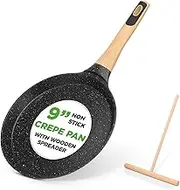 NutriChef 9.45” Non-Stick Crepe Pan with Wooden Spreader, Durable Marble Coated Dosa Pan, Bakelite Handle and Induction Bottom, PFOA/PFOS Free, Dishwasher Safe, Even Heat Distribution (Black Marble)