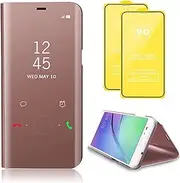 [TiHen] Compatible for Case Samsung Galaxy M34 5G Mirror Case, 360 Degrees Protective Slim Fit Electroplate Standing Case PC Flip Cover + Tempered Glass Film with Kickstand-Rose Gold