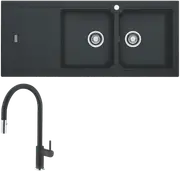Franke Bali Double Bowl Sink with Left Hand Drainer and Verona Pull-Out Tap - Onyx
