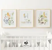 Baby Boy, Girl Nursery Bedroom Wall Art Personalised, Scandi, Safari Animals