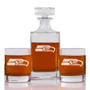 Seattle Seahawks Engraved Football Whiskey Decanter Rocks Glasses 3 Piece Set