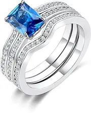 [AiliFe] Sapphire Rings Set Three-in-One Engagement Ring Wedding Bands 14K White Gold Plated Blue Sapphire Cubic Zirconia Promise Eternity Bridal Ring for Women