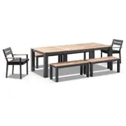 Balmoral 2.5M Teak Top Aluminium Table With 4 Bench Seats And 2 Chairs