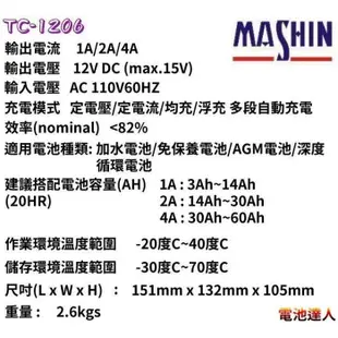 ☼ 台中苙翔電池 ►TC-1206 汽車電瓶充電器 機車電池充電機 三段控制充滿充飽跳停 RC-1204 RS-1206