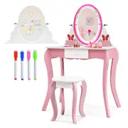 Costway 2-in-1 Vanity Table Stool Set Rotatable Mirror Makeup Table Princess Dressing Table w/Whiteboard/4 Markers/Drawer