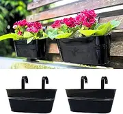 LaLaGreen Railing Planter - 2 Pack, 11.2 Inch Black Metal Iron Hanging Flower Pots Deck Rail Fence Hanging Bucket Modern Countryside Style Window Box Plant Holder with Hooks for Outdoor Porch Decors