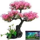 Aquarium Artificial Plastic Plants Decoration, Pink Cherry Blossom Tree & Grass