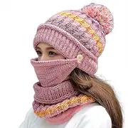 [DuBom] Fleece Lined Knit Beanie Scarf Mouth Mask Set for Girl and Women Winter Ski Hat with Pompom