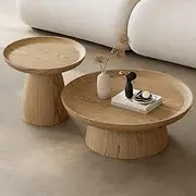 EKDJSN Wooden End Table Set of 2, Round Nesting Coffee Table, Concave Desktop Design, Rustic Wood Nesting Tables, for Living Room, Wood Color(35in+20in)