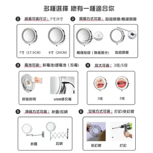 led化妝鏡帶燈壁掛補光鏡伸縮鏡子免打孔浴室酒店高清梳妝美容鏡