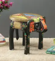 Indian Hand Painted Colorful Elephant Shape Stool Wooden Stool Room Side Stool