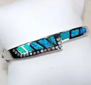 Australian Opal Inlay & Topaz 925 Sterling Silver Bangle Bracelet Jewelry OX3