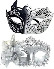 kowaku 2X Couple Masquerade Mask Set Half Face Mask Costume Comfortable Women Men Faces Shield Facial Cover Mask for Stage Show Wedding Fancy Dress, Silver
