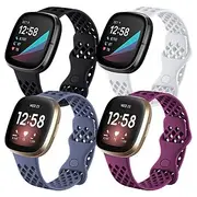 4 Pack Smart Watch Band Compatible with Fitbit Versa 3 Sense Versa 4 Sense 2 Silicone Smartwatch Strap Waterproof Adjustable Sport Band Replacement Wristband