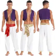 Mens Halloween Costume Mythical Prince Aladin Carnival Carnival Cosplay Party Outfit Sequin Trim Waistcoat With Belted Pants White B M