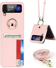 [Cavor] Wallet Case for Samsung Galaxy Z Flip4 6.7'' Case with Ring Holder Kickstand & Card Slots & Long Crossbody Lanyard Shoulder Strap Leather Case Back Cover Ultra Slim/Scratch Resistant-Pink