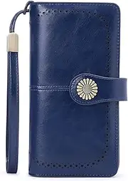 [KELEEL] Women's RFID Blocking Wallet Genuine Leather Clutch Wallet Card Holder Organizer Ladies Purse …, Dark Blue, 7.6 x 1.37 x 4.1 inch, Zipper Closure + Snap Closure + Trifold Closure