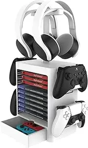 EJGAME Multifunctional Game Disk Storage Tower Holder,Game Disk Rack and Controller/Headset Stand Holder Compatible with Xbox Series X/Nintendo Switch/PS5/PS4-White