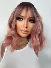 Short Pink Ombré Rooty Wavy Bob Hair Wig | Choppy Fringe Bangs, Full Stretch