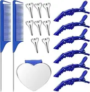 Coldairsoap 17 Pieces Hair Styling Tools Set - Parting Rings, Rat Tail Combs, Sectioning Clips, and Magnetic Pin Holder for Braiding (Blue)