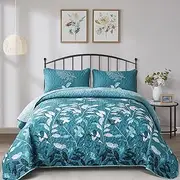 WONGS Bedding Quilt Set California King, 3 Pieces Teal Floral Botancal Leaves Bedspread Coverlet Set with 2 Pillowcases for All Season, Soft Microfiber Floral Bedding Set 106/ ×96/