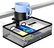 Under Desk Drawer 360 Rotating - Cable Organizer Under Desk | No-Drill Hidden Storage Tray with Cup Holder & Wire Holes | Rotatable Basket for Office Dorm Closet Kitchen Studio Use