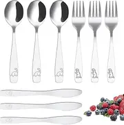 9Pcs Kids Silverware Set 410 Stainless Steel Kids Fork Spoon and Cutter Set Safe Ergonomic Toddler Utensils Funny Dinosaur Kids Flatware Set Dishwasher Safe for Toddlers 24 Months and Above