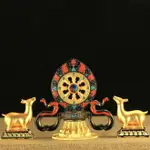 藏傳佛教密宗特大銅合金彩繪鍍金雙鹿法輪寶佛堂供具擺件法器小號