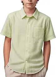 [Spring&Gege] Boys' Short Sleeve Button Down Shirts Linen Textured Summer Beach Shirt Soild
