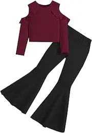 [Hilinker] Girl's Long Sleeve 2 Piece Outfits Ribbed Ruffle Cold Shoulder Top and Flare Pants Set