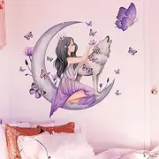 Fairy Girl Wall Sticker Purple Butterfly Flowers Wall Decals DIY Moon Wolf Wall Stickers Falling Floral Petals Wall Mural Removable Waterproof Wall Decor for Nursery Girl Bedroom