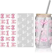 Hebterrka Elegant 16 oz Glass with Lid and Straw, Two Sticker Style Options, Coquette Bow Design, Suitable for Coffee, Cocktails and More