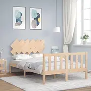 Queen Size Bed Frame 135x190 cm Solid Wood Pine Platform with Wooden Headboard, Modern Low Frame with Slats for Storage, Mattress Not Included