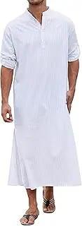 [TURETRENDY] Men's Long Sleeve Kaftan Thobe Button Down Henley Robe Casual Side Split Gown Shirt with Pocket