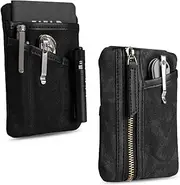 EDC Pouch, Black Waxed Canvas & Leather Compact Organizer, 6 Pockets, Zippered, Multi-tool Organizer Pouch
