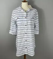 Dotti Womens M Striped Tunic Button Front Top White Blue 100% Cotton NEW